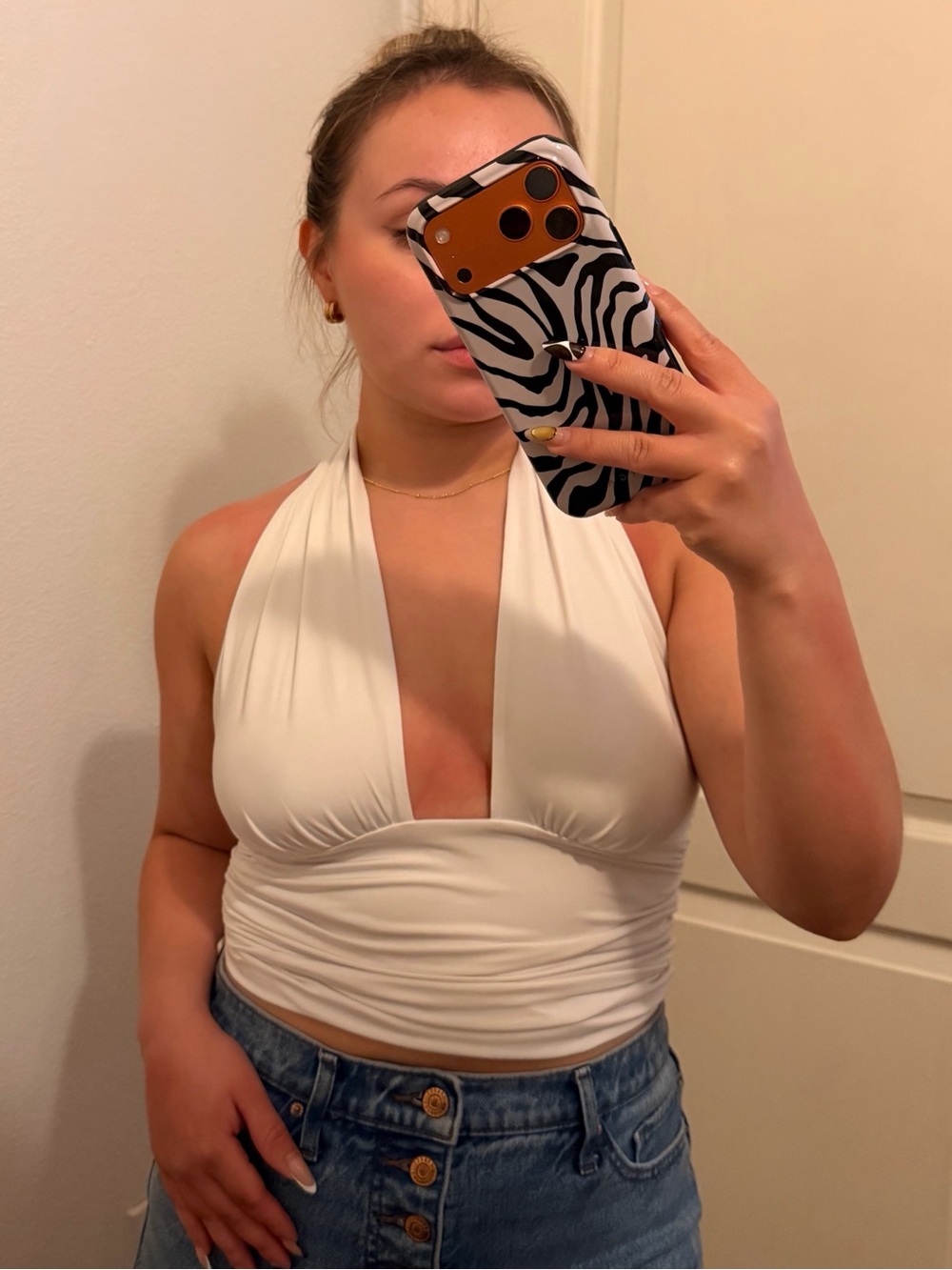 Express White Halter Deep V Ruched Crop Top